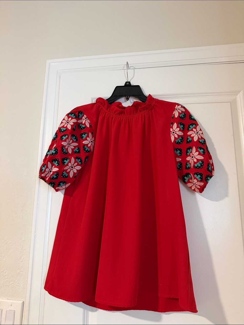 Red Puff-Sleeve Floral Blouse